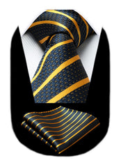 HISDERN Men's Tie and Pocket Square Set Striped Navy Blue & Yellow Ties Formal Classic Elegant Necktie & Handkerchief for Business Wedding Party