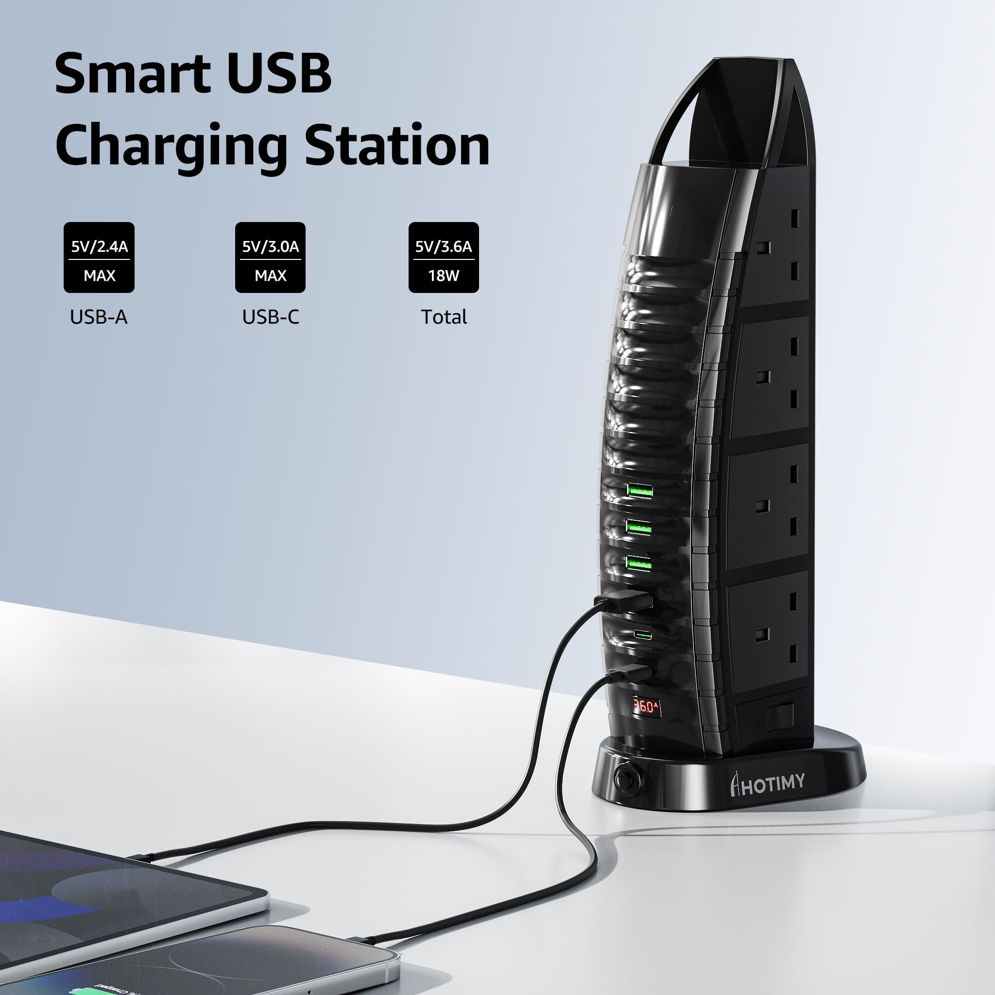 Tower Extension Lead with USB Slots 2M, 8 Way Outlets Multi Plug Extension Tower with 6 USB (2 Type C & 4 USB A Ports) Overload Protection Extension Cord with 2 Independent Switches, Tower Power Strip