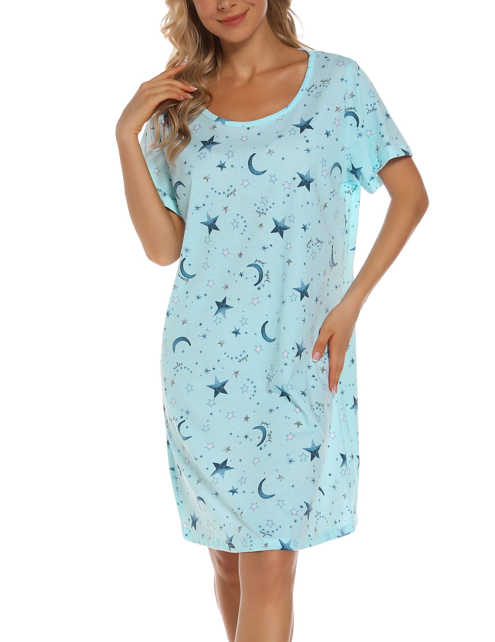 ENJOYNIGHT Nighties for Women Cotton Nightdress Sleep Tee Short Sleeves Print Nightshirt Soft Sleepwear Loungewear (X-Large,Star)