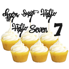 30Pcs 7th Birthday Cupcake Toppers Glitter Seven Happy 7 Cupcake Picks Cheers to 7 Years Old Cake Decorations for 7th Birthday Party Supplies Black