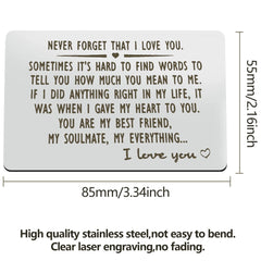 Anniversary Card Gifts for Him Engraved Wallet Insert Card for Boyfriend Husband Never Forget That I Love You Valentine's Day Wedding Birthday Gift for Men Fiance Couple Gift