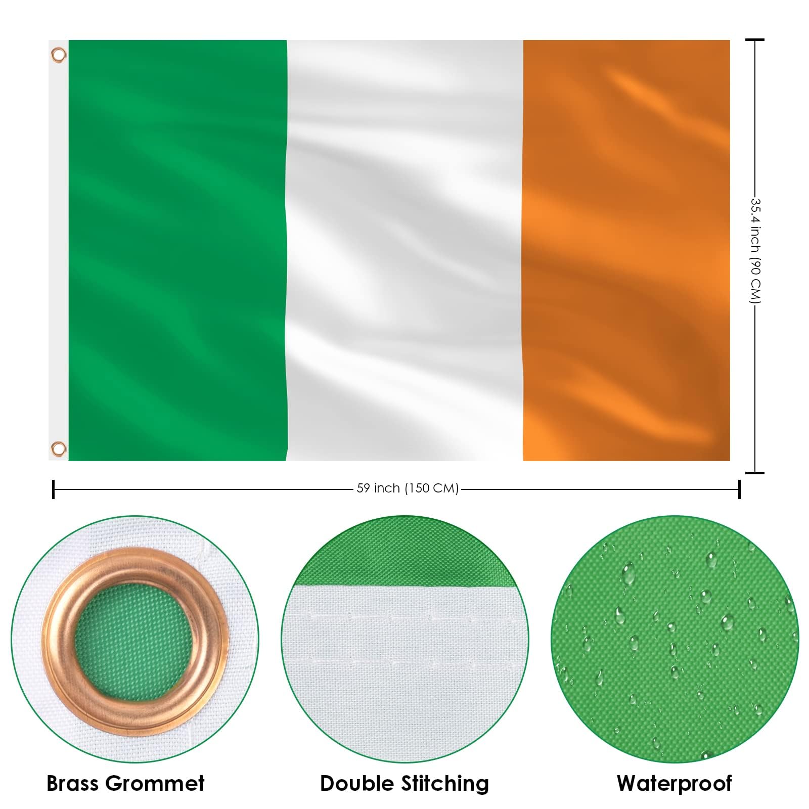 AhfuLife Irish Flags 5ft x 3ft for St. Patrick's Day Party Decoration, 1/2/4pcs Large Ireland Flags - Double Side with Brass Eyelets for Euro World Cup Football Party Decoration (2 Pcs)