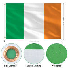 AhfuLife Irish Flags 5ft x 3ft for St. Patrick's Day Party Decoration, 1/2/4pcs Large Ireland Flags - Double Side with Brass Eyelets for Euro World Cup Football Party Decoration (2 Pcs)