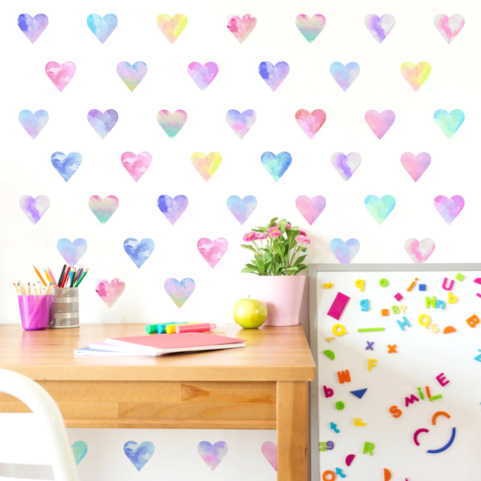 Colorful Heart Wall Decals Peel and Stick Cute Heart Wall Stickers Fabric Wall Stickers Hearts Decals for Walls Watercolor Heart Wall Stickers for Girls Room Bedroom Nursery Decor