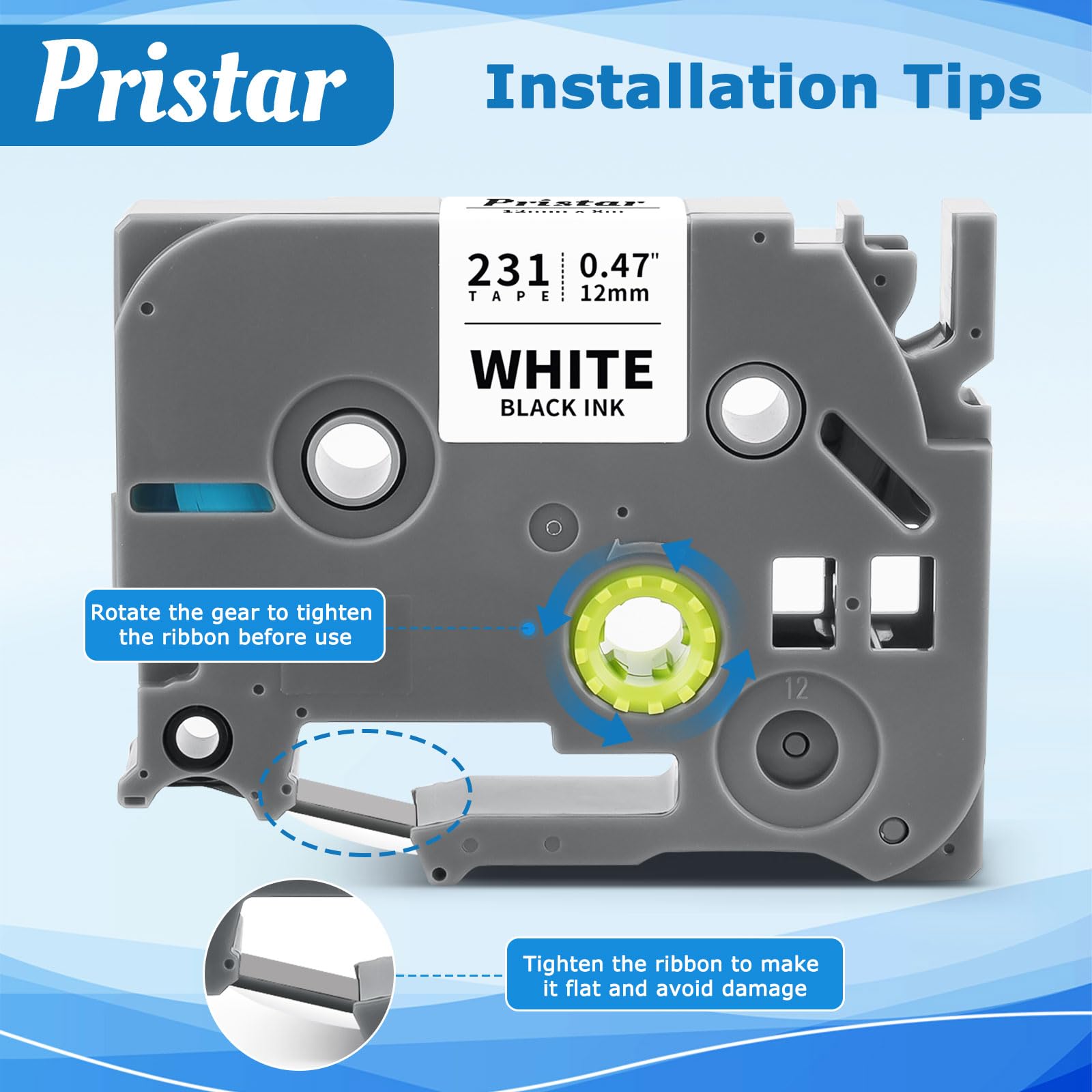 Pristar Compatible TZe-231 Label Tape Replacement for Brother Label Printer Tape 12mm 0.47 TZe231 TZc231 for Brother PT-H100LB PT-H101C PT-H105 PT-H110 PT-H107B PT-1000 PT-1080, Black on White, 3-Pack