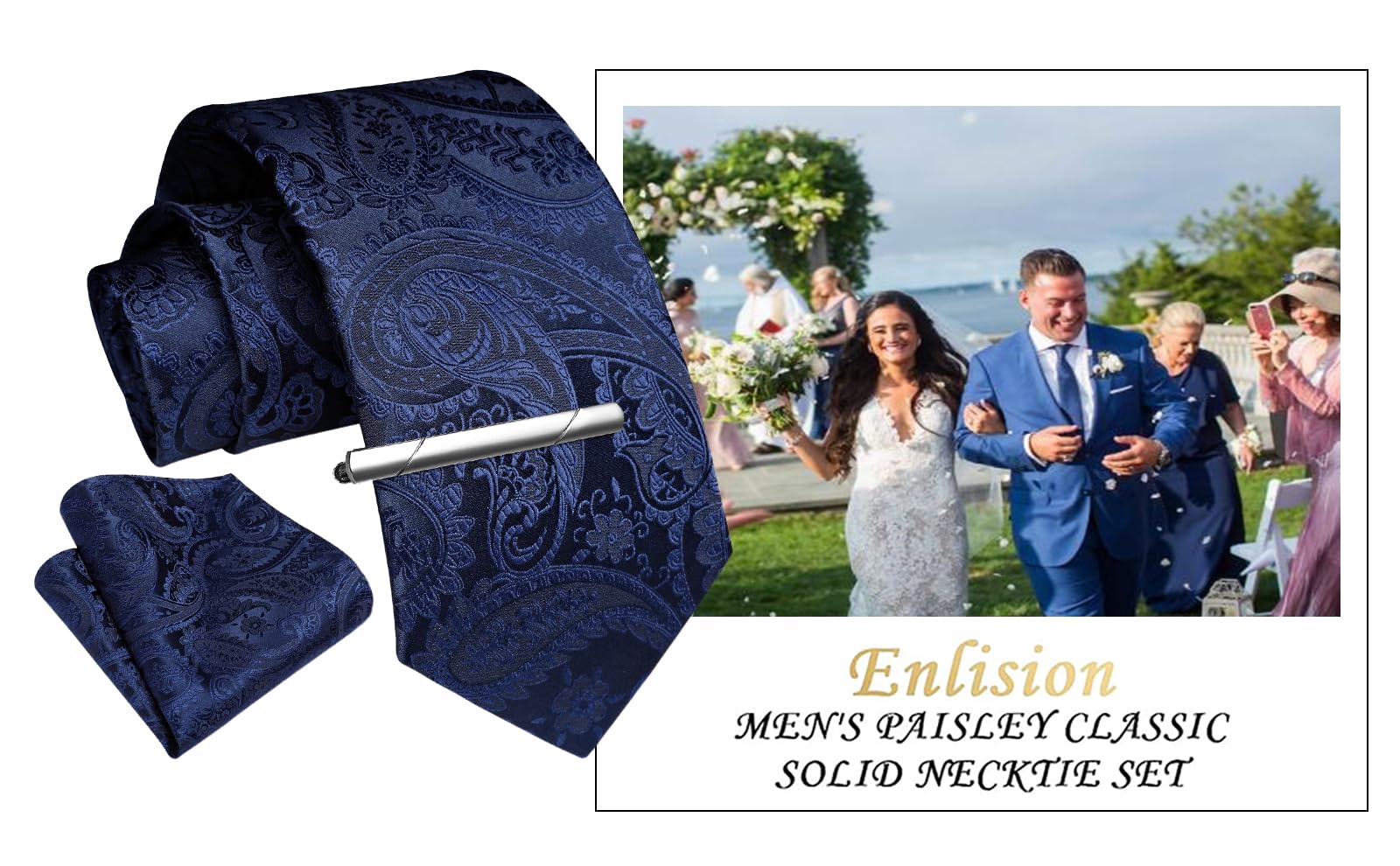 Enlision Mens Navy Paisley Tie and Pocket Square with Tie Clip Set Business Formal Wedding Ties for Men Necktie & Handkerchief & Tie Pin Sets,Navy