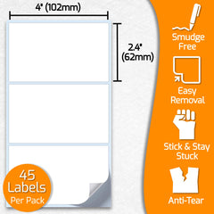 Large Labels for Storage Boxes - 45 Large Sticky Labels White, Perfect Size 4 x 2.4 Inch (102 x 62mm) Removable Labels, Large Labels Stickers with Anti Smudge Coating, Storage Box Labels by Innoveem