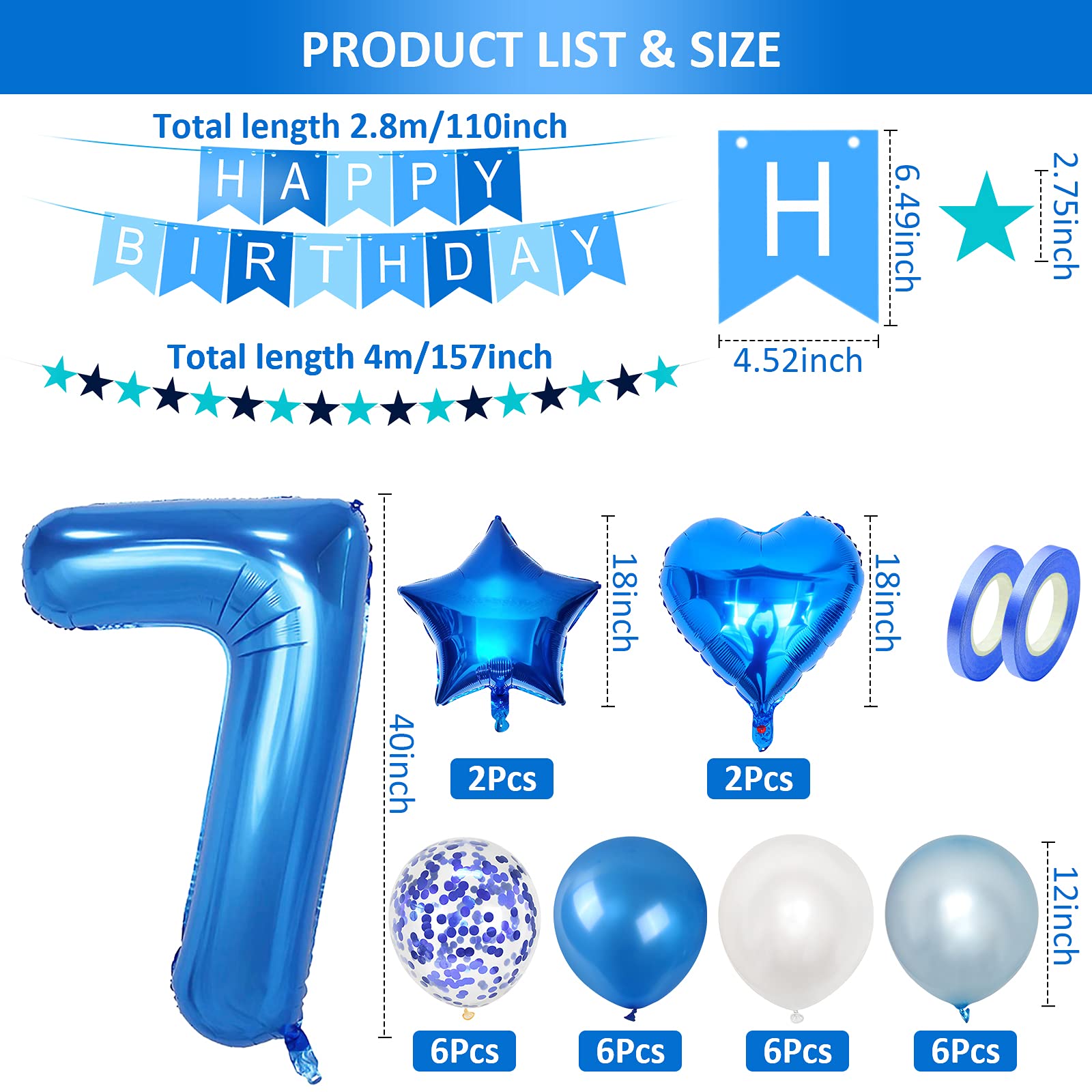 Unisun 7th Birthday Decorations for boy, 40 inch Helium Foil Balloon Number 7 Light Blue White Confetti Latex Balloons, Happy Birthday Banner with Ribbon for 7 Year Kid Birthday Party Supplies