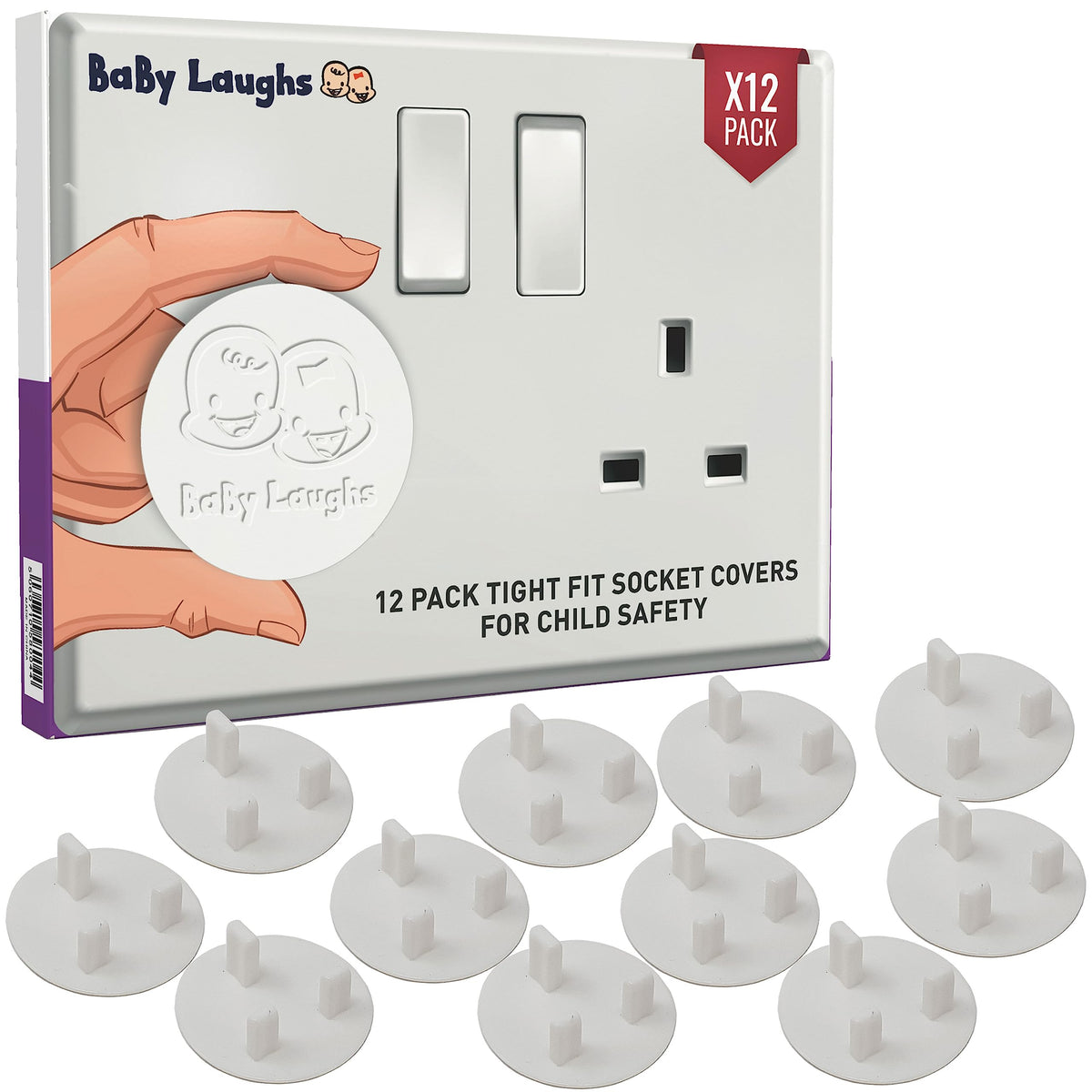 BaBy Laughs Plug Socket Covers UK for Baby Proofing - 12 Pack Tight Fit Waterproof Wall Socket Protector Set for Indoor Outdoor Use, White Electric Socket Cover for Child Safety