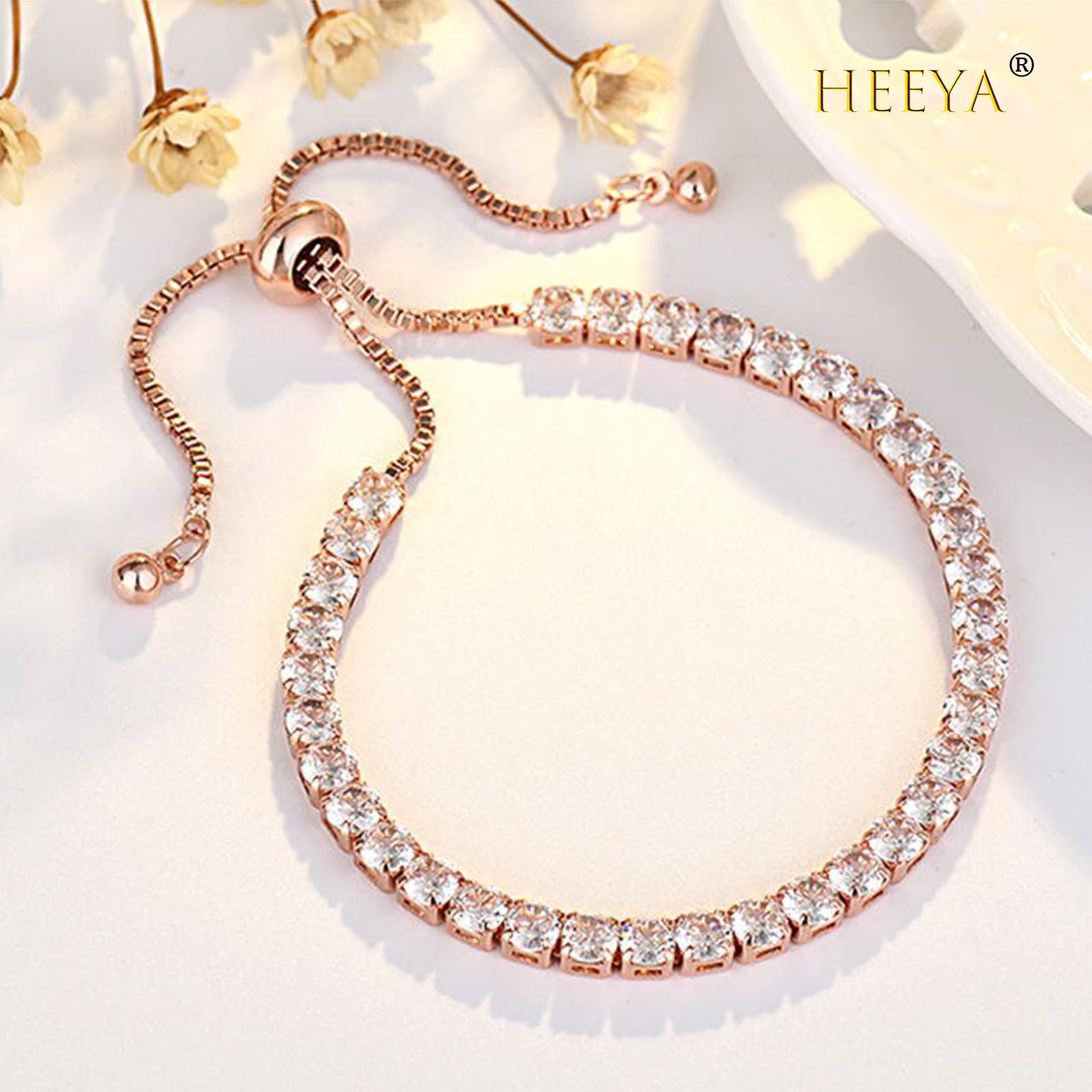 HEEYA Rose Gold Tennis Bracelet, Sterling Silver Tennis Bracelets for Women, Silver Infinity Crystal Sister Friendship Bracelet, Adjustable Bracelet Diamond Cubic Zircona Lady Bracelet Birthday Gifts