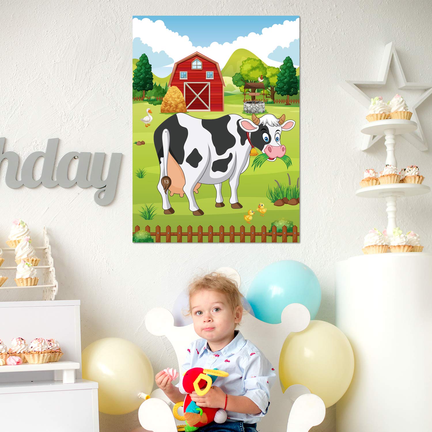 FEPITO Pin the Tail on the Cow Birthday Game with 24 Pcs Tails for Decorations, Kids Birthday Party Decorations