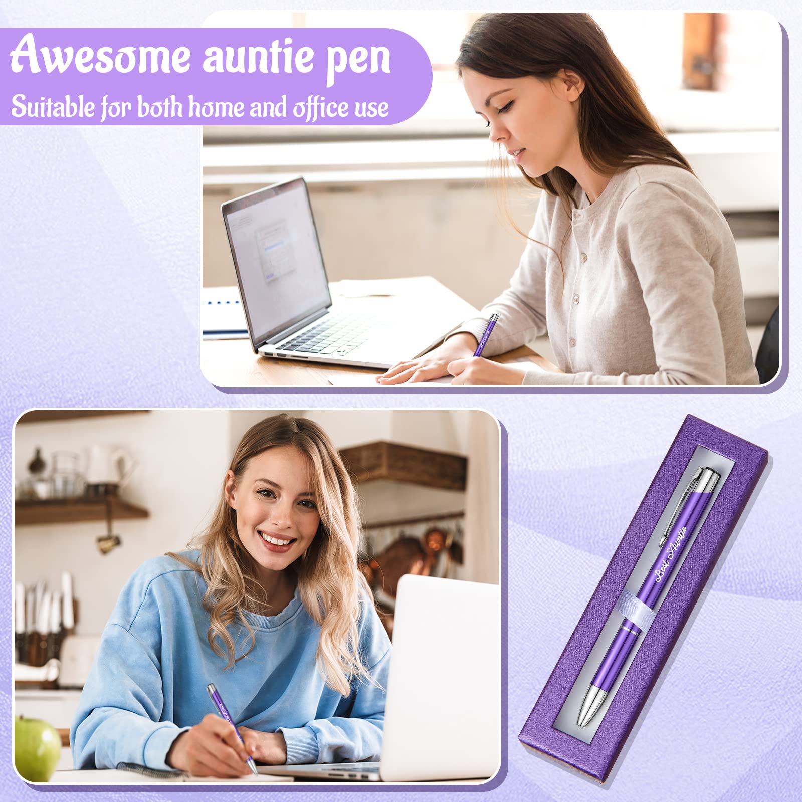 Best Auntie Pen with Christmas Beautiful Gift Box, Auntie Gifts Engraved Metal Ballpoint Purple Pen Black Ink Business Signature Office Supplies for Women Birthday