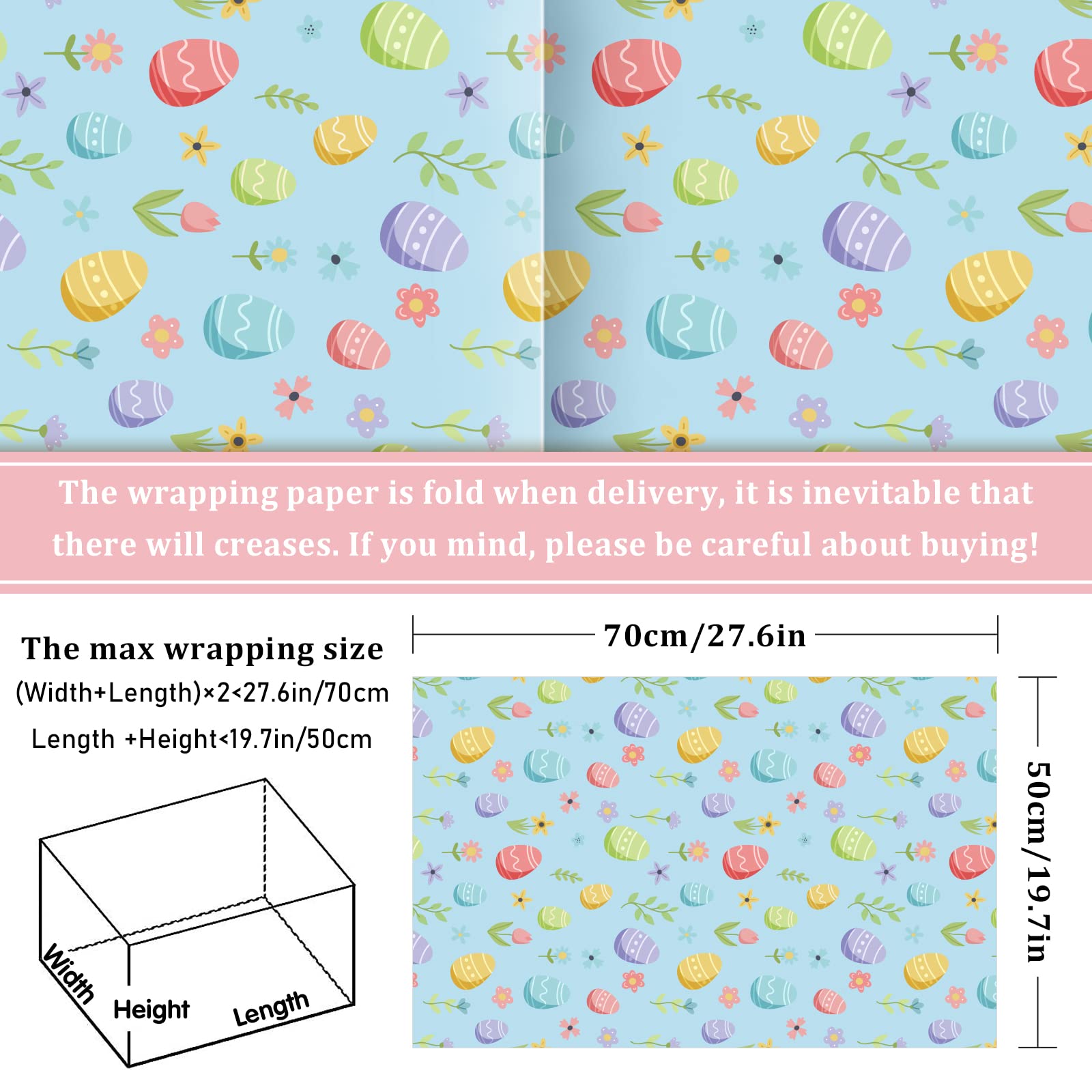 Whaline 12 Sheet Easter Wrapping Paper 6 Designs Easter Egg Bunny Rabbit Wrapping Paper Watercolor Cartoon Art Paper for Spring Holiday Birthday Baby Shower Party Gift Wrap DIY Craft, 19.7 x 27.6 in