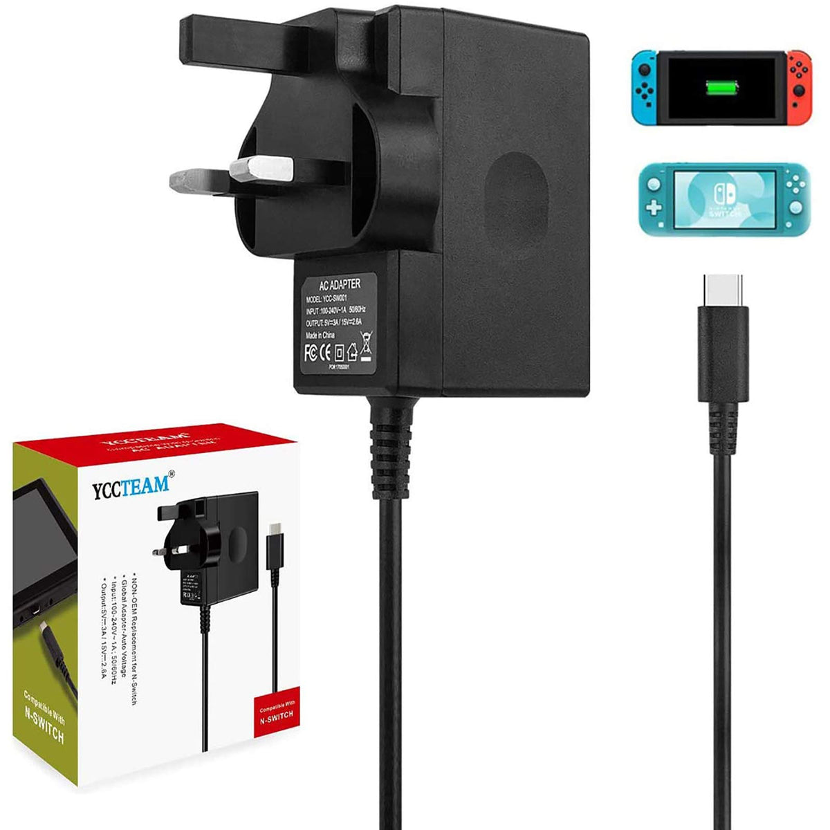 Charger for Switch/Switch OLED/Switch Lite, 2.5 Hours 15V/2.6A Fast Charging AC Adapter 5FT Type-C Cable Power Supply for Switch/Switch Lite/Switch Dock and Switch Pro Controller - Support TV Mode