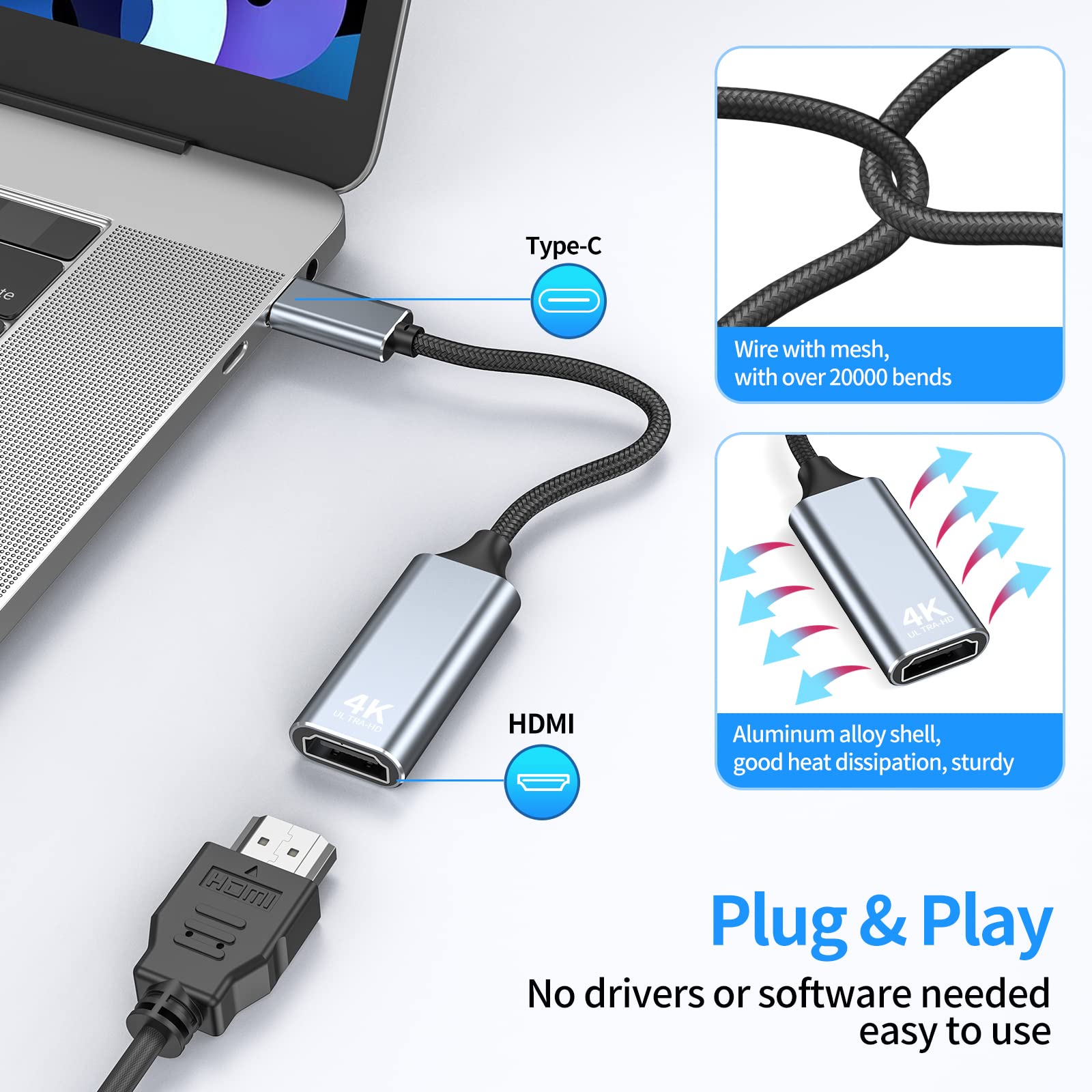 USB C to HDMI Adapter, Type-C to HDMI 4K Adapter, For iPhone 15, MacBook Pro,Air,iPad Pro, Pixelbook, Dell XPS,Microsoft, Samsung Galaxy,Surface Book(Thunderbolt 3/4 Compatible) (1PCS C TO HDMI)