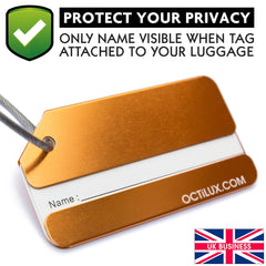 Pack of 5 Gold Strong Aluminium Luggage Tags, Secure, Easy to Spot, Privacy, Variety of Colours, Strong Steel Cable