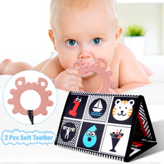 Lanjue Baby Tummy Time Mirror Toy, Flip Mirror High Contrast Black and White Sensory Toys Foldable Baby Toys with Teether for Newborn Infants 0-12 Months