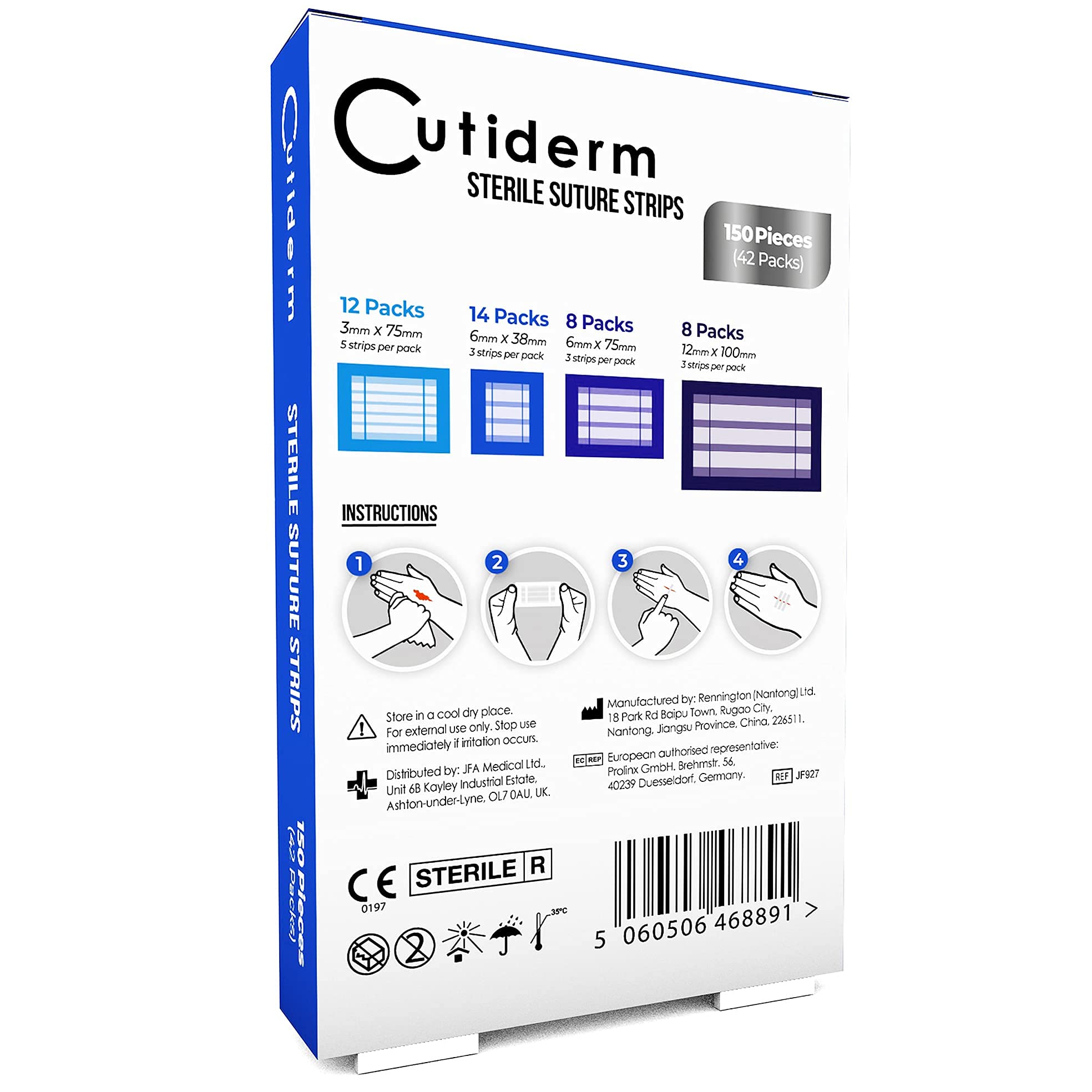 Cutiderm Sterile Skin Wound Closure Suture Strips, 4 sizes - 150 Strips