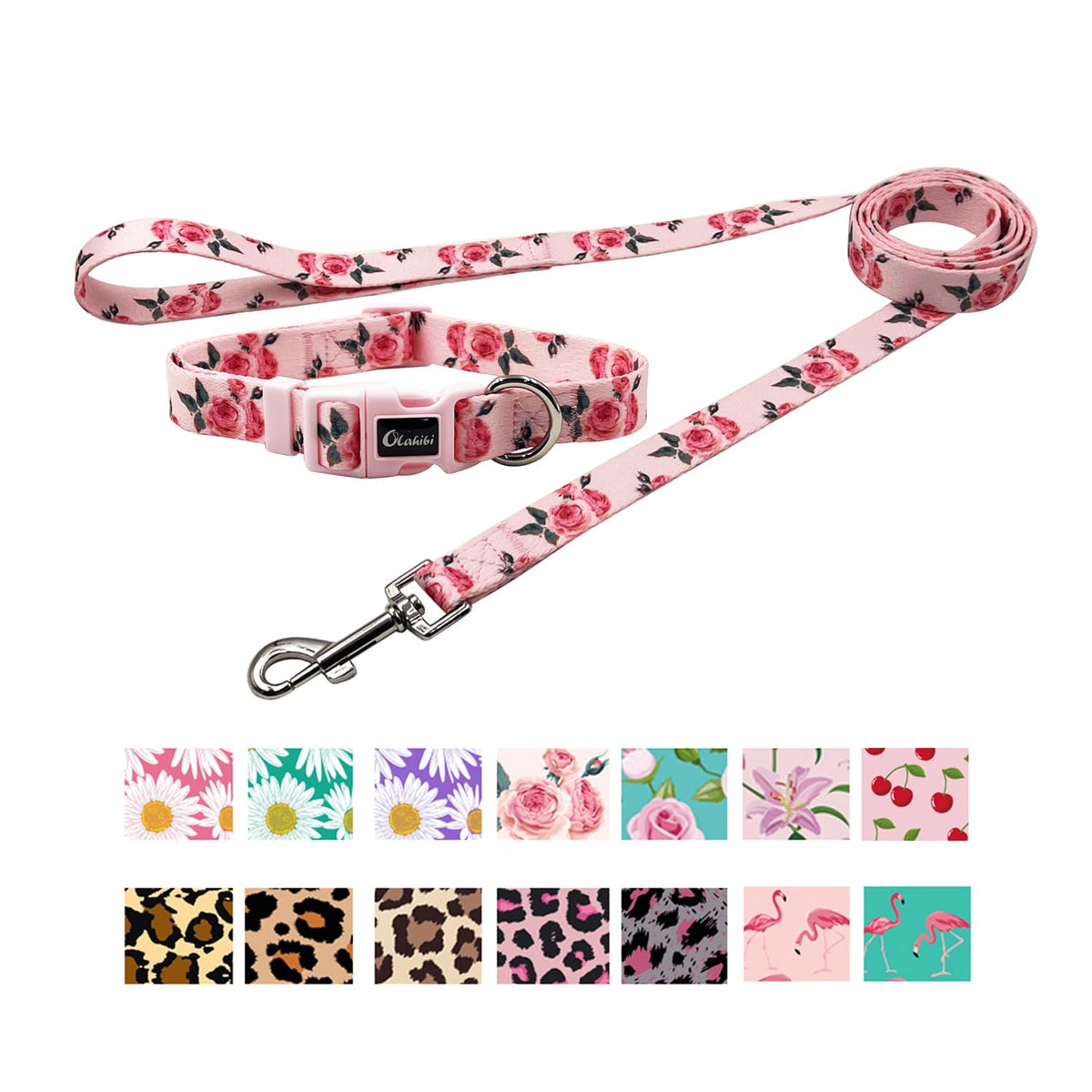 Olahibi Dog Collar and Leash Set, Cute Rose Pattern, Polyester Material, 5ft Leash, for Puppy Dogs.(XS,Pink Rose)