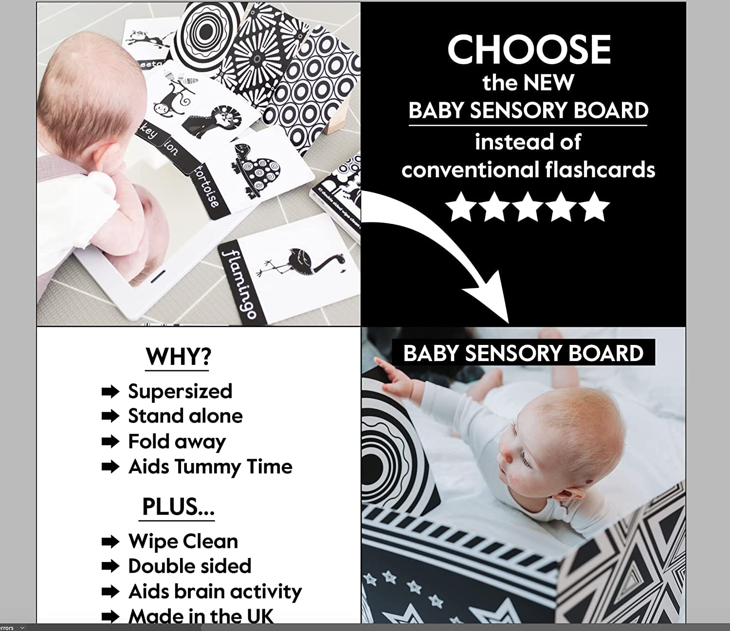 My Little Learner Black and White High Contrast Baby Sensory Fold Out Board, Baby Sensory Board is Made from Premium Quality card Stocks for Newborn babies