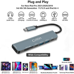 USB C hub,7-in-1 USB C multi-port adapter with 4K HDMI,100W PD,USB-C and 2 USB-A data ports 5Gbps, SD&TF card slots,Aluminum USB Type C Hub,for MacBook Pro Air,Surface Pro,iPad Pro,XPS, HP,Lenovo etc