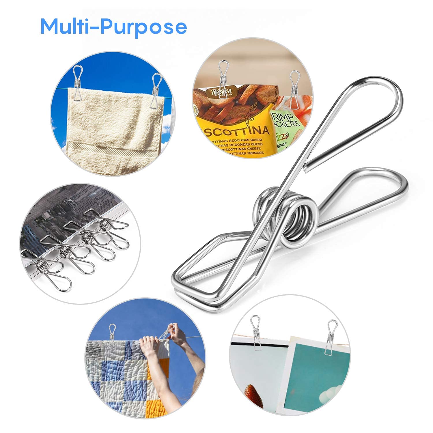 Fabsome Clothes Pegs Chip Clips Pack of 40, Long-lasting Strong-Grip Metal Laundry Clips for Washing Line, Snack Bags, Washcloth, Pictures, Paper at House, Kitchen, Office, 2 Sizes, (40 Pcs)