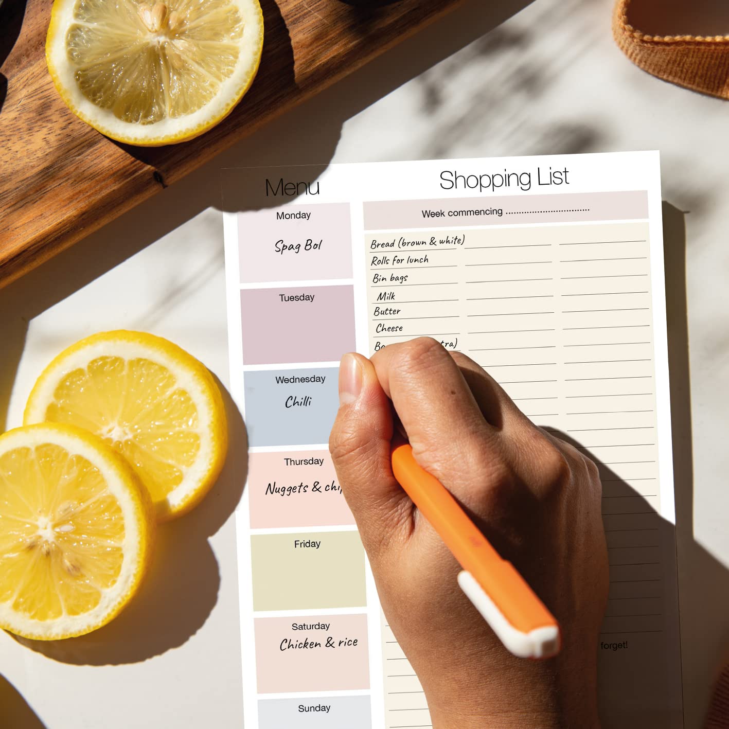 Shopping List Pad with detachable Weekly Meal Planner. 50 sheets 247 x 172mm per pad. Made in the UK by Absolutely Yours.