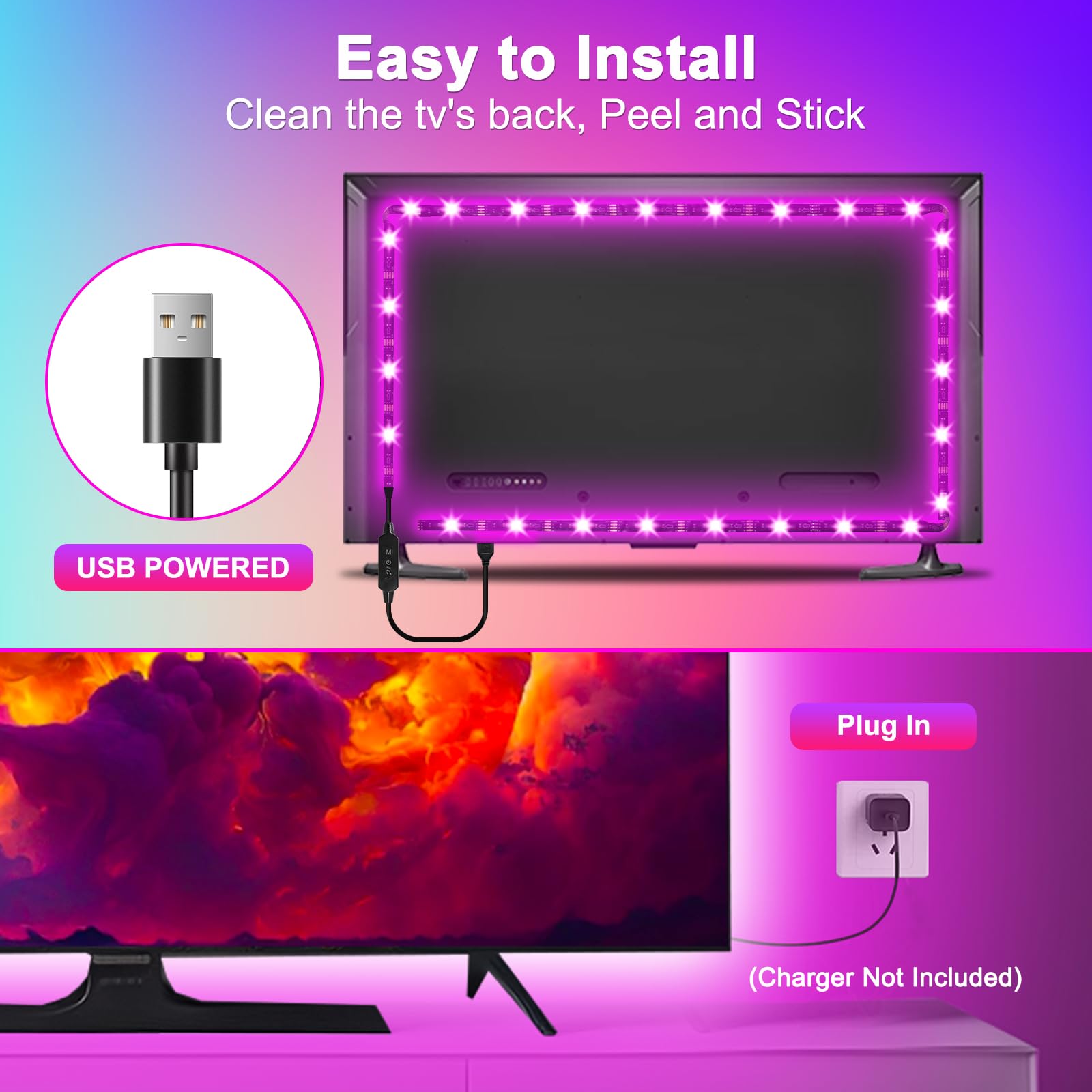 Daymeet TV LED Backlight TV Led Lights 3M for 32-43in TVs, TV Backlights Sync with Music Led Lights for TV Bluetooth App Remote Control Dimmable RGB Led Strip Lights for Bedroom Gaming Room