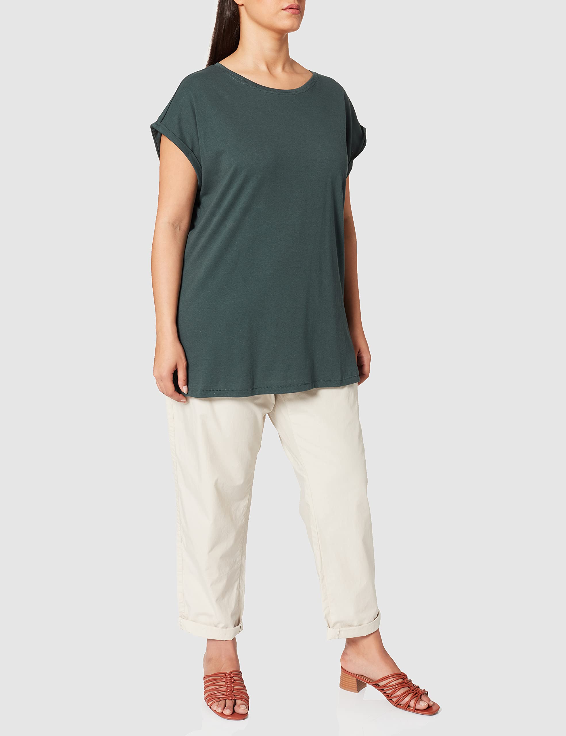 Urban Classics Women's Basic T-Shirt with Capsleeves, Shortsleeve T-Shirt Top with Crew Neck, Bottlegreen, S