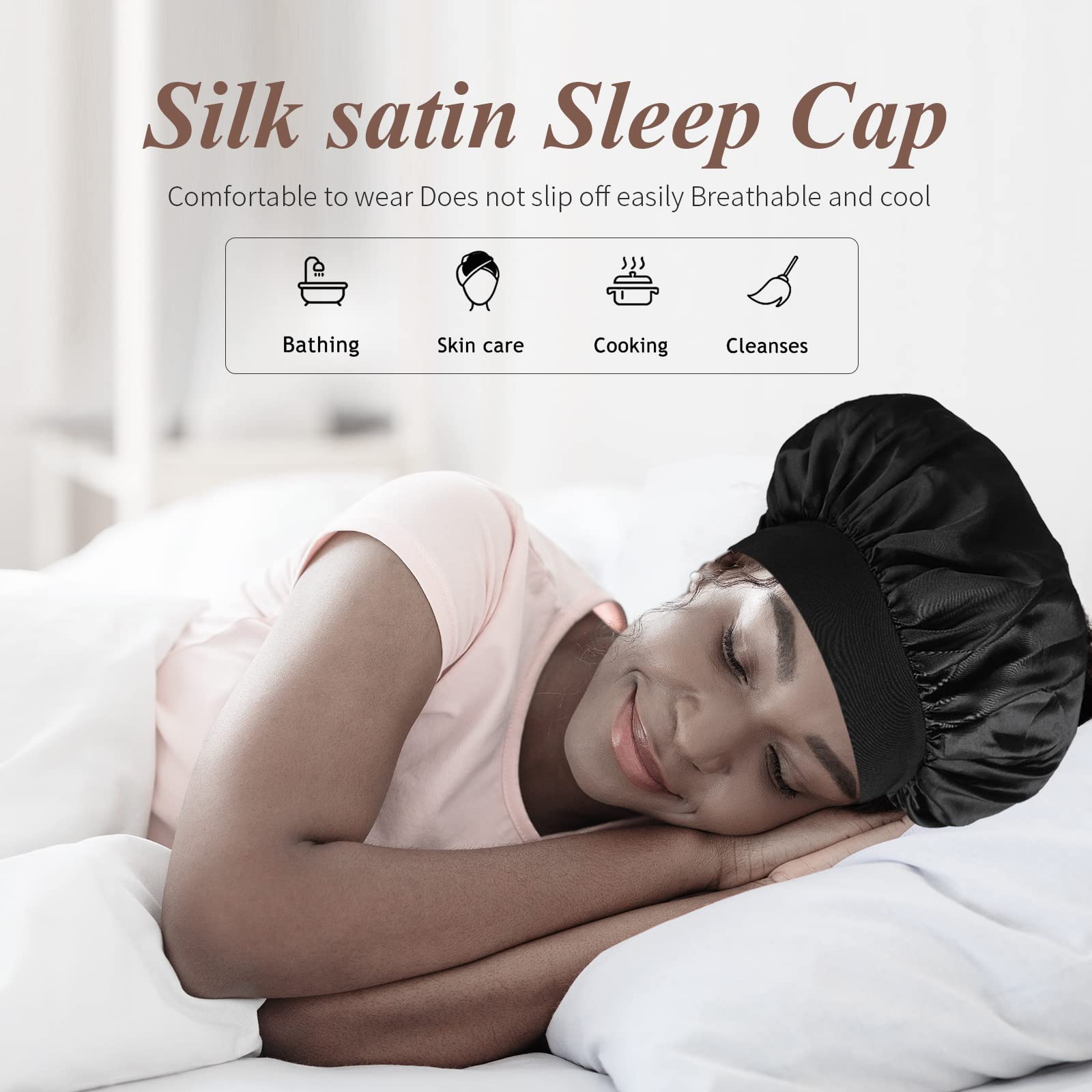 SWEET VIEW Silk Bonnet, Silk Hair Wrap for Sleeping, Soft and Comfortable Satin Sleep Cap, Black, Purple