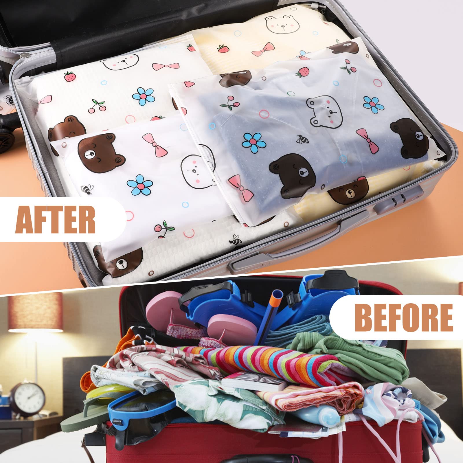 24 Pcs Travel Clothes Storage Bags, Reusable Plastic Printed Ziplock Bags Hospital Bags Maternity Essentials Waterproof Luggage Organiser Pouch for Clothes Girls' Garment School Trip (5 Size Mixing)