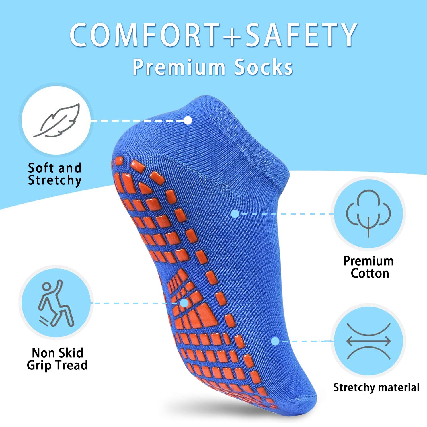 GRPSKCOS Kids Non Slip Trampoline Socks Anti-Skid Sticky Grips Indoor Breathable Socks 6 Pairs for Children Teenagers (01 BlackandGreyandNavyandBlueandGreenanddark Purple, 6-9 Years)