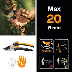 Fiskars Bypass Garden Pruners L, Solid, P341, For fresh branches and twigs, Non-stick coated, Stainless steel blades, Length: 20.5 cm, Black/Orange, 1057164