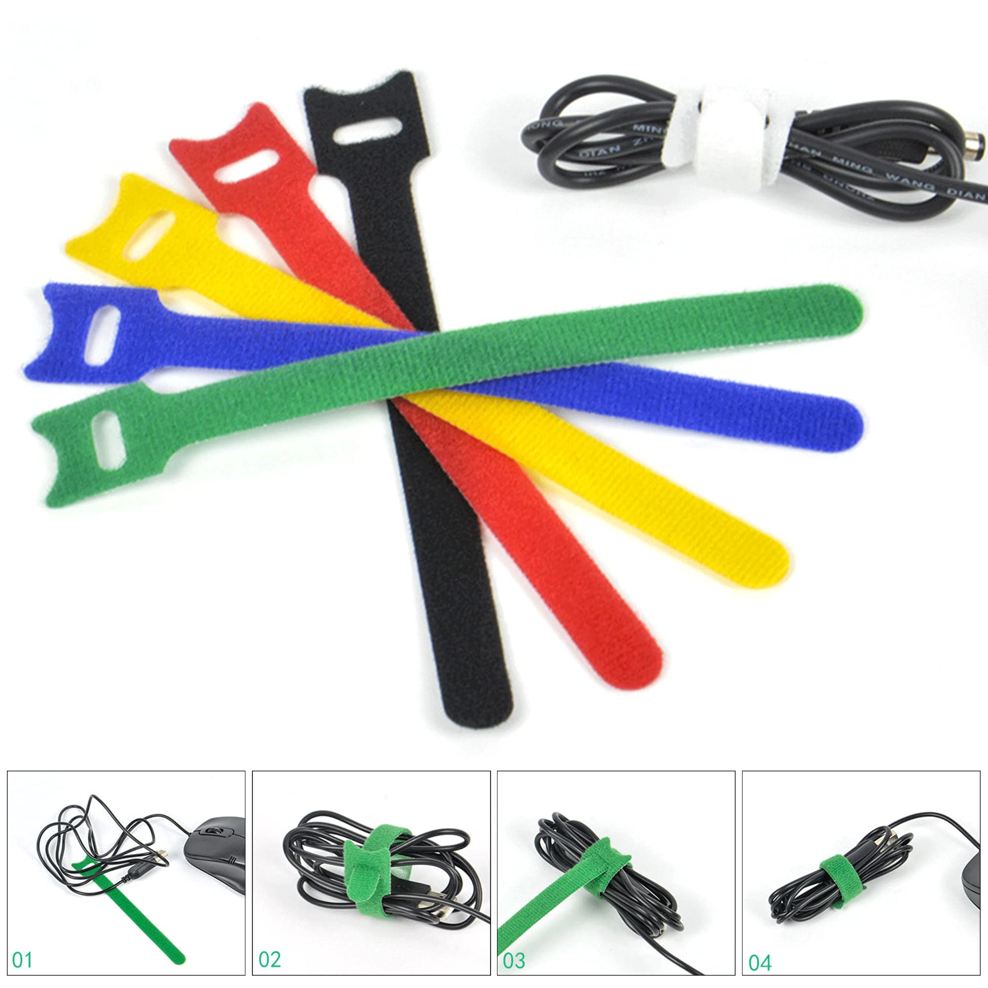 60 Pieces Velcro Cable Ties, Reusable Cable Tie, Adjustable Straps Tidy Wrap Hook and Loop Fastening Wire Ties for PC Computer Electronics Home Office Cable Organiser