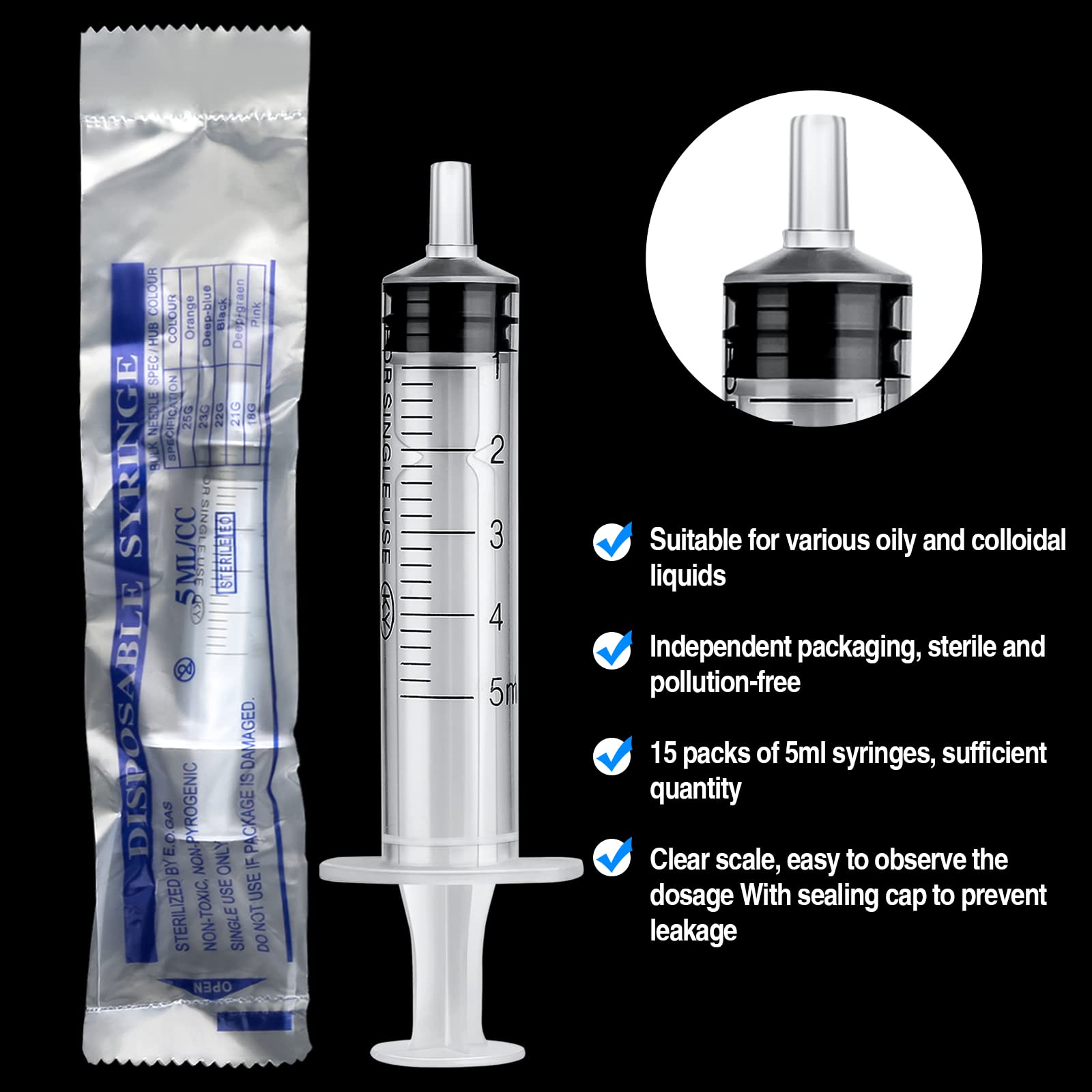 15 Pack 5ml Syringes, Small Dosing Syringe for Measuring,Individually Packaged Sterile Syringes,Plastic Syringes with Cap for Labs,Pets Feeding, Oil or Glue