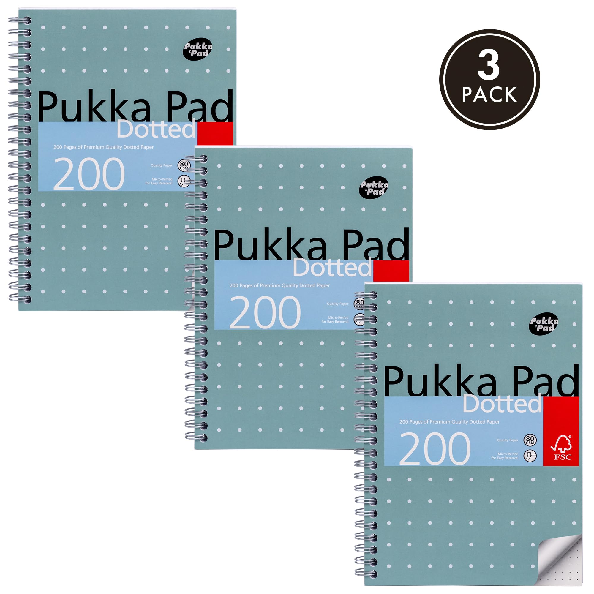 Pukka Pad, A5 Dotted Metallic Jotta Book for Graphing, Art, Bullet Journaling – 3 Pack – 21 x 14.8cm – Wirebound Notebook with 80GSM Paper – 4-Hole Margins and Perforation - 200 Pages, Grey