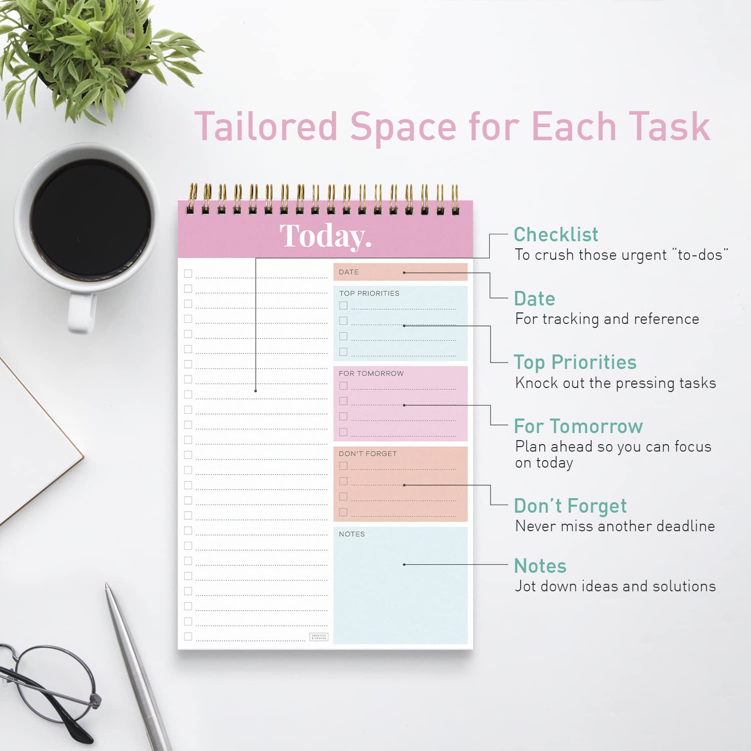 S&O Daily Planner Notepad for Productivity - 52 Page Daily To Do Planner - Undated Planner and Organizer - Daily To Do List Planner - Coiled Daily Task Planner - Daily Organizer Planner - PINK