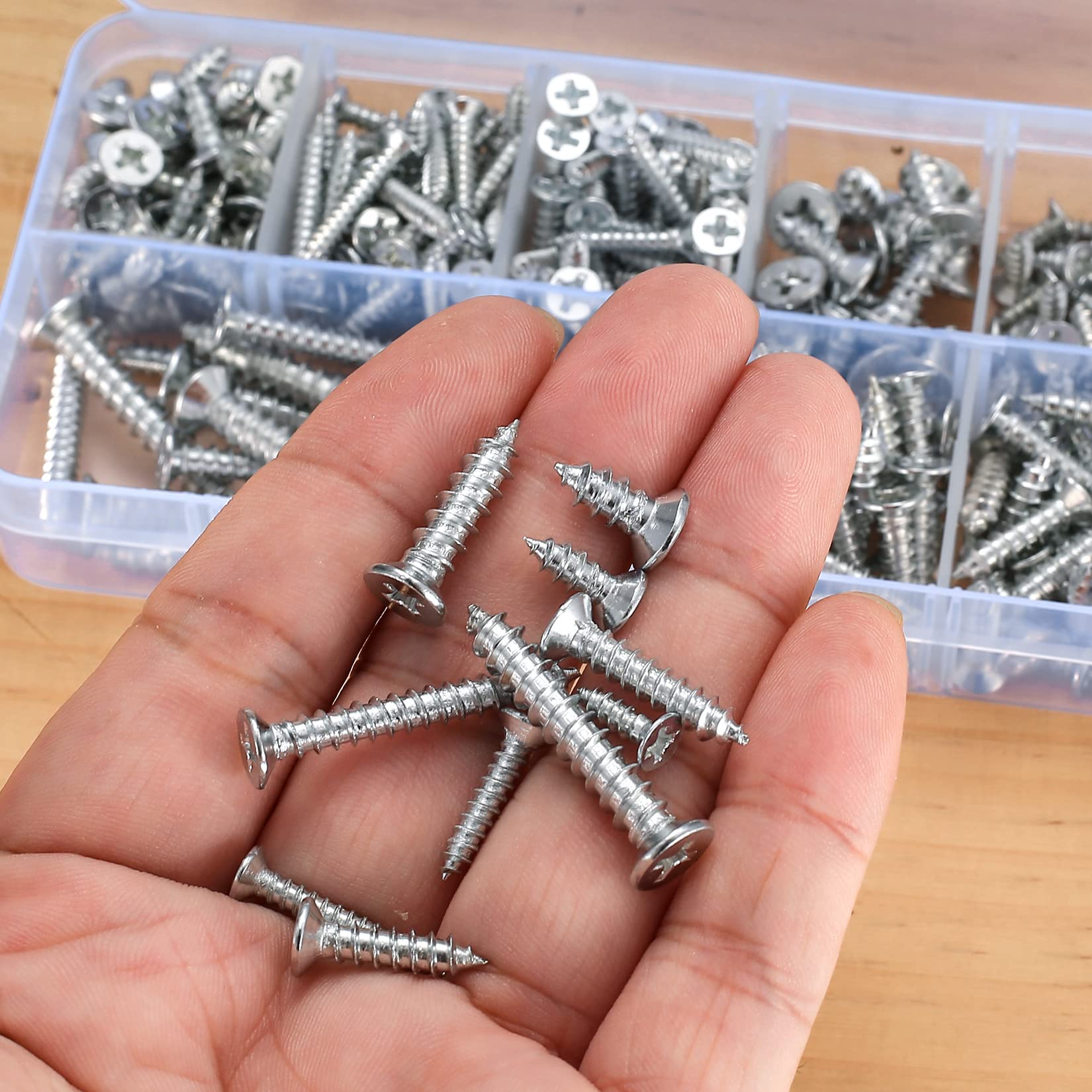 Vwoqiy 228PCS Self Tapping Screws, M3/M4/M5 Cross Drive Flat Head Screws, Countersunk Head Wood Screws, Metal Self Drilling Screws for Woodworking, with Storage Box (silvery 228)