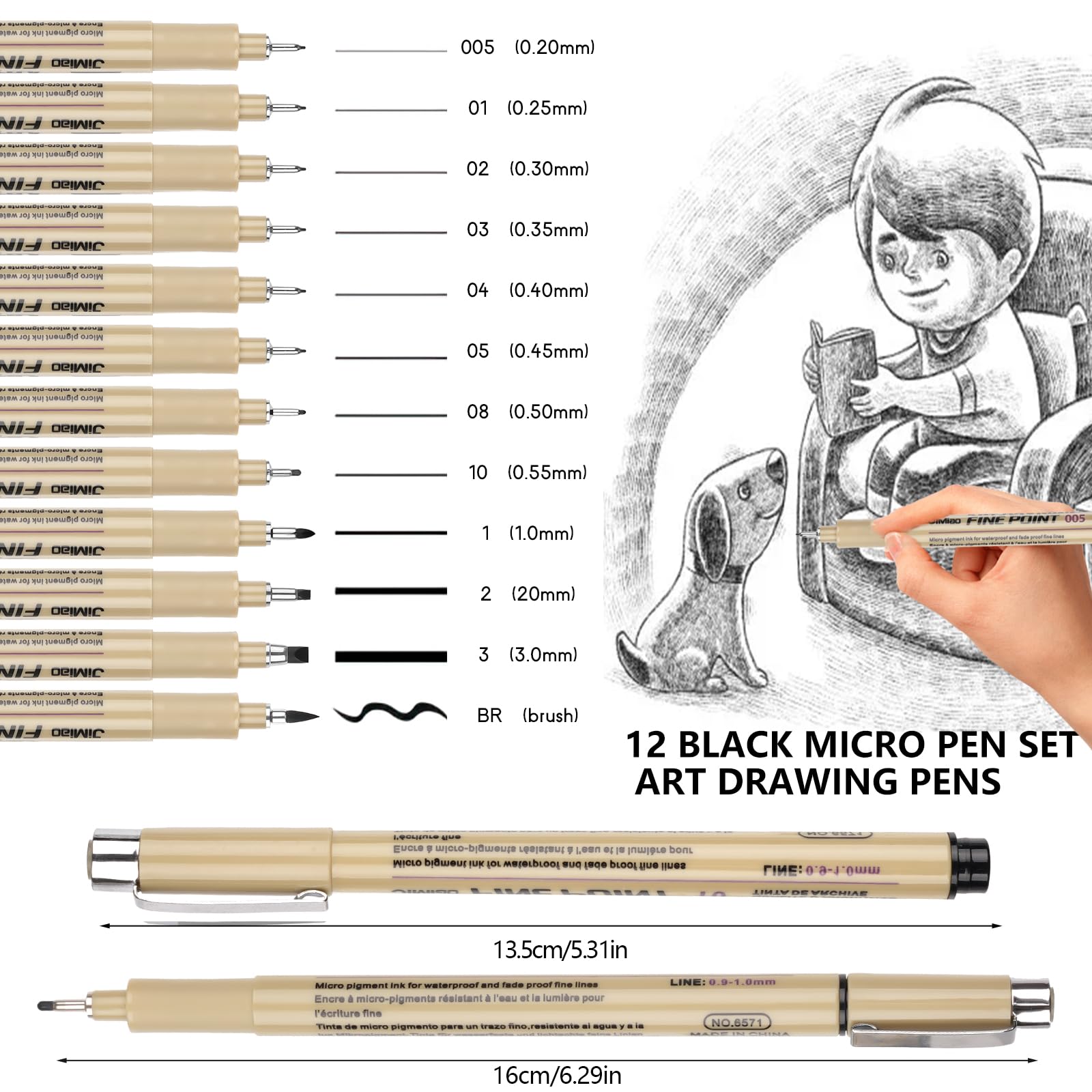 Svalor Fineliners Pens, 12 Piece Micron Fine Liner Pens Black with 12 Different Line Widths, Drawing Pens for Artists, Black Fineliner Pens for Illustration, Sketching, Technical Drawing