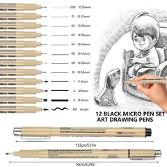 Svalor Fineliners Pens, 12 Piece Micron Fine Liner Pens Black with 12 Different Line Widths, Drawing Pens for Artists, Black Fineliner Pens for Illustration, Sketching, Technical Drawing