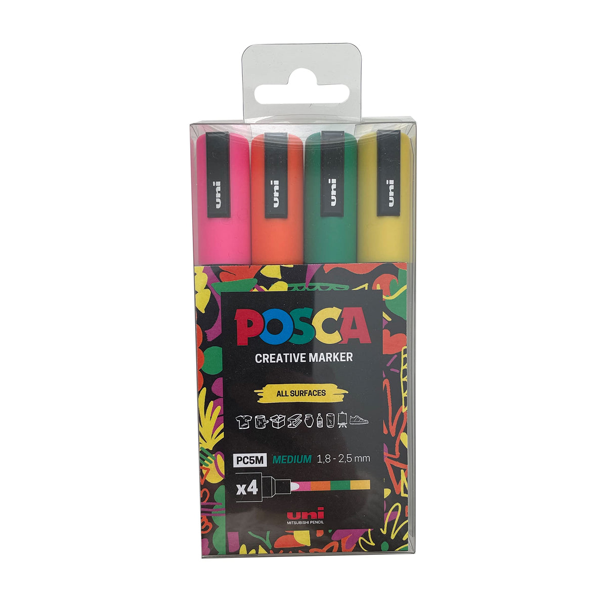 Posca Pens PC-5M Felt Tip Acrylic Paint Colouring Set. Opaque Coloured Permanent Markers for Adults and Children. Ideal on Fabric, Graffiti, Watercolour, Outline, Drawing, Window and Glass Art. 4 Pack