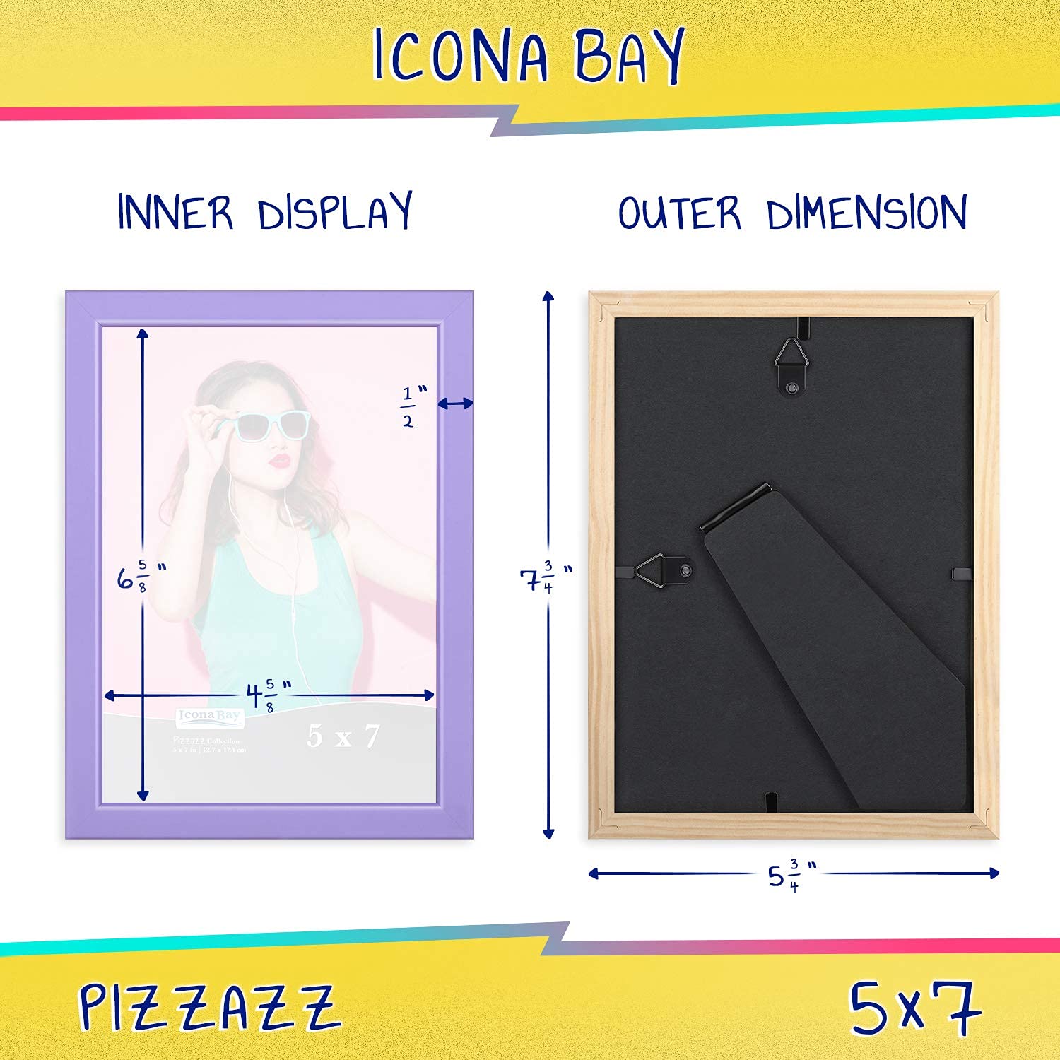 Icona Bay 7x5 Purple Picture Frame, Coloured Solid Wood Scandinavian Style Frame for Photo, Pizzazz Collection