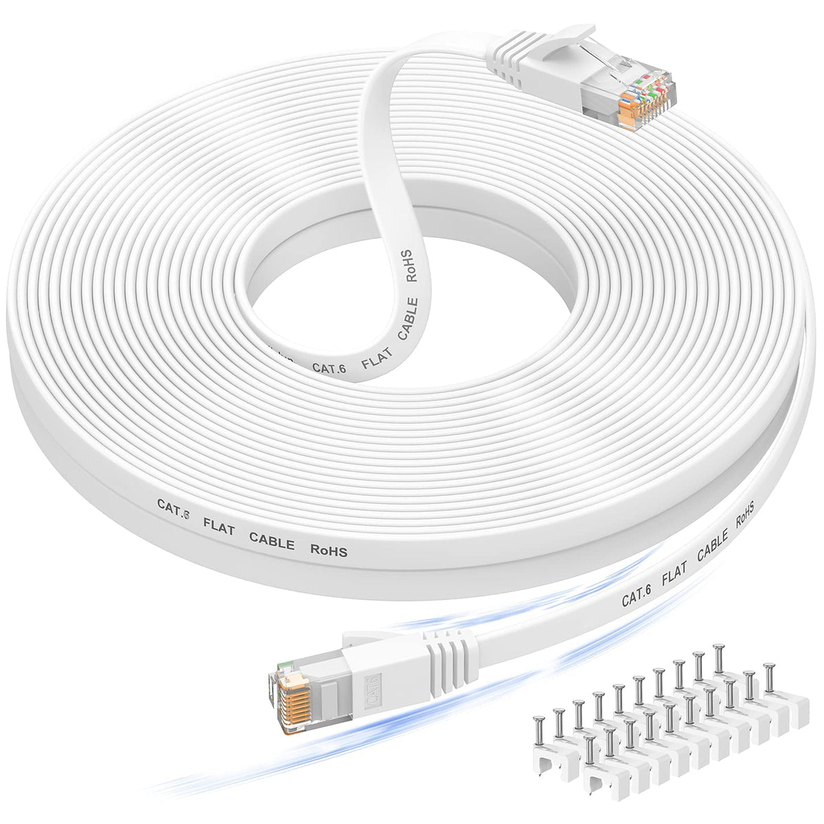 Nixsto 20M Ethernet Cable, Cat 6e/Cat6 Long Internet Cable with Snagless Rj45 Connector, High Speed Patch Cord Than Cat 5e/Cat 5, Flat White Shielded LAN Cable for Network Switch, PS4 and Modem