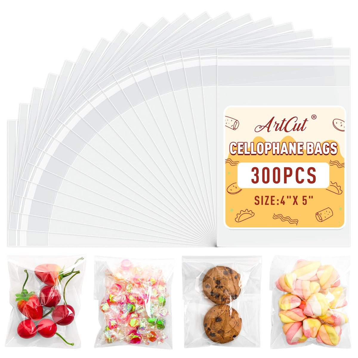 Artcut 300 PCS Cellophane Bags, 4 inches X 5 inches Cookie Bags, Self Adhesive Clear Bags, Small Plastic Bags, Clear Cellophane Bags, Sweet Bags Treat Bags, Self Seal Bags for Candy, Gifts, Jewellery