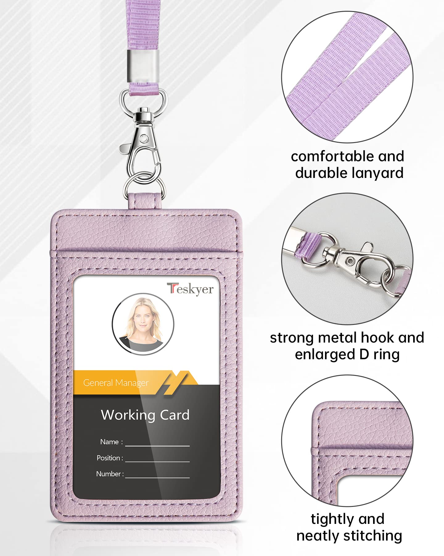 Teskyer Card Holder with Lanyard, ID Badge Holder, Oyster Card Holder, Bus Pass Holder, with Clear Window, Holding 2 Cards, PU Leather, Light Purple