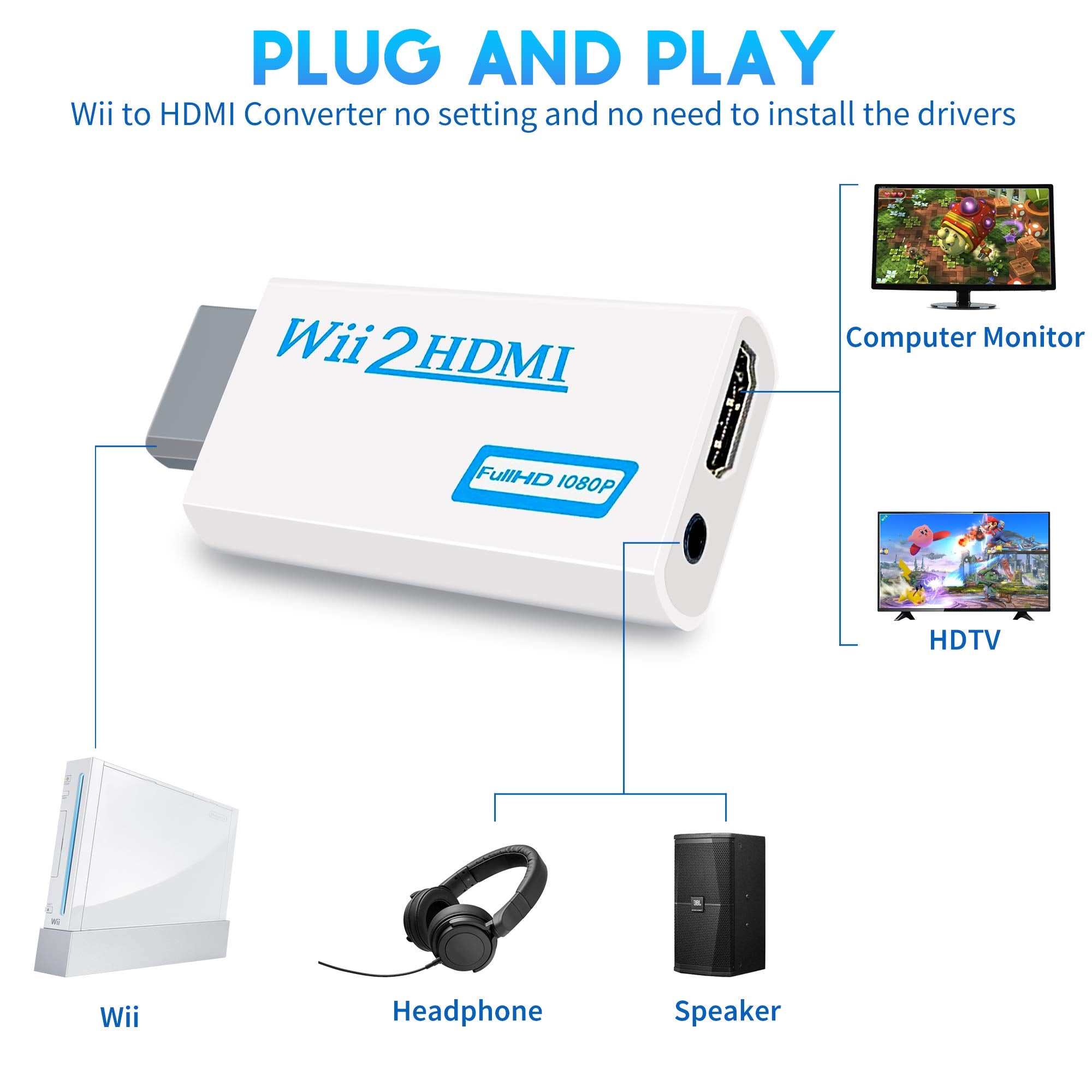 Wii to HDMI Converter, Wii HDMI Adapter 1080P for Full HD Device with 3,5mm Audio Jack&HDMI Output Compatible with Nintendo Wii, Wii U, HDTV, Monitor-Supports All Wii Display Modes 720P (White)