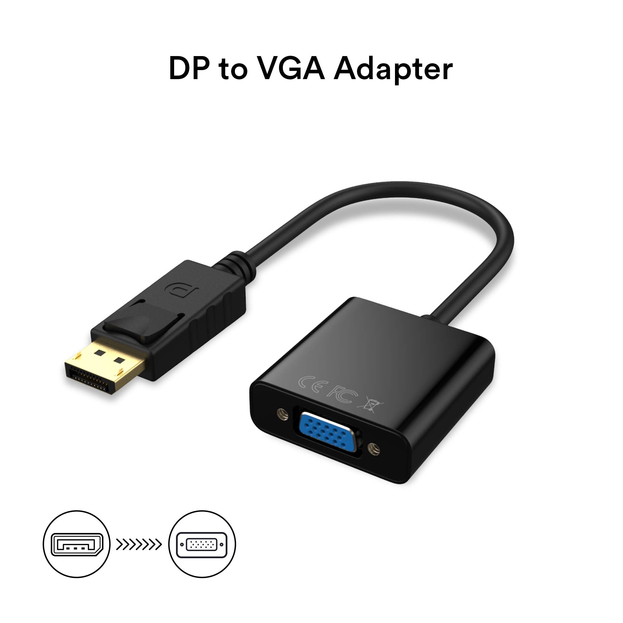 Cableader DP to VGA Adapter, Gold-Plated DisplayPort to VGA Converter Male to Female 1080P(Black)