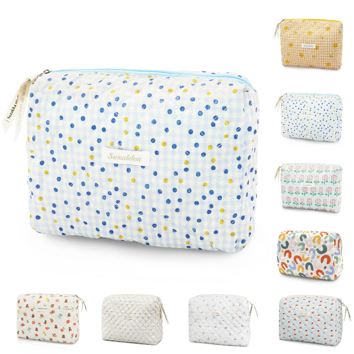 Travel Toiletry Bag, Cotton Floral Travel Makeup Bag, Portable Cosmetic Bag, Travel Makeup Storage Bag for Women Girls (Dot-Blue)