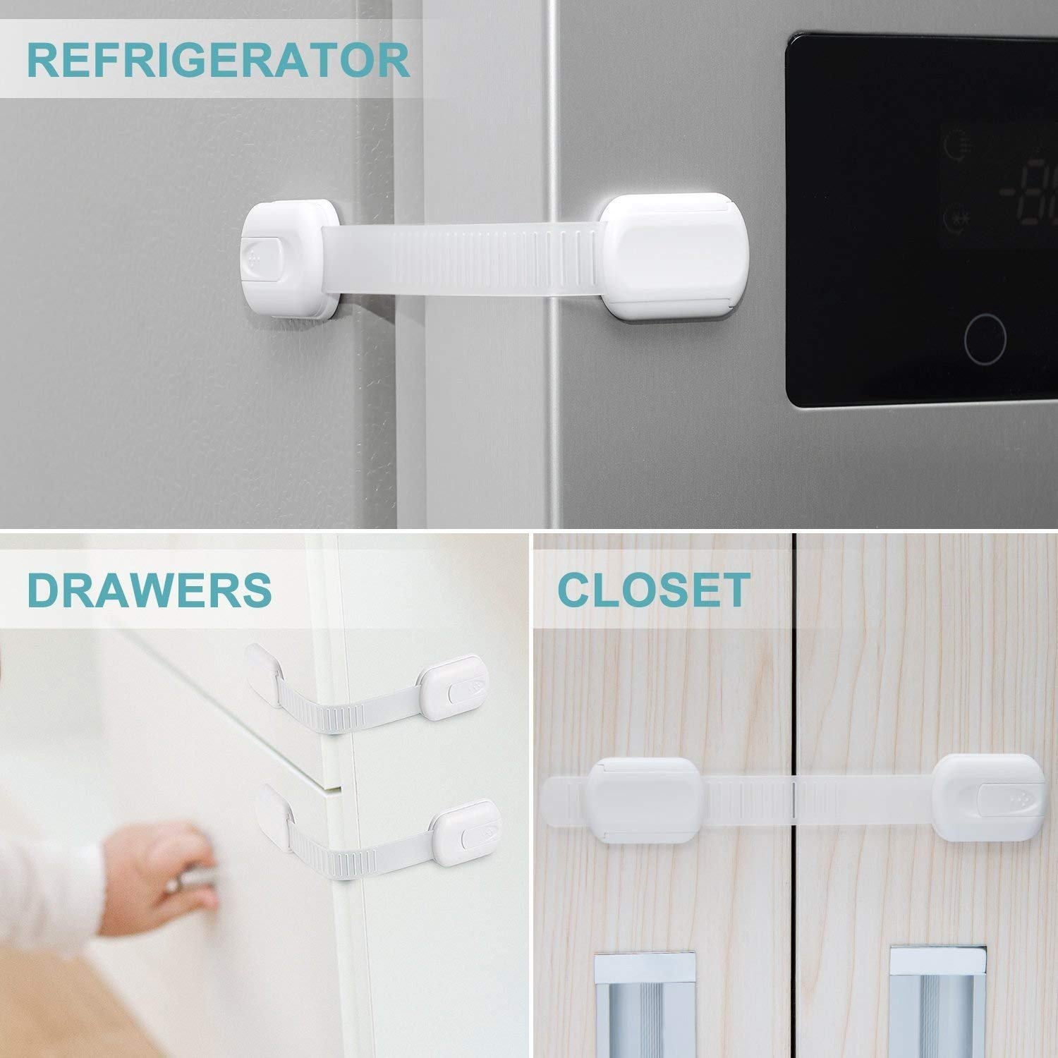 LifenC Adjustable Child Safety Locks, 8 Pack Baby Safety Cupboard Locks,6 Extra Sticker, No Trapped Fingers, Easy Install, No Tools Needed, Child Locks for Kitchen Cupboards, Cabinets, Drawer, Fridge