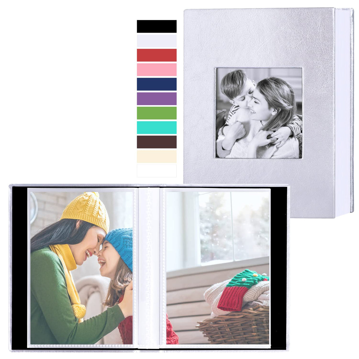 Benjia Small Photo Album 6x4 2 Packs, Each Pack Holds 100 Pockets, Slip In Mini Leather Top Loading Photo Albums Holds Portrait Only 10x15cm Picture Silver